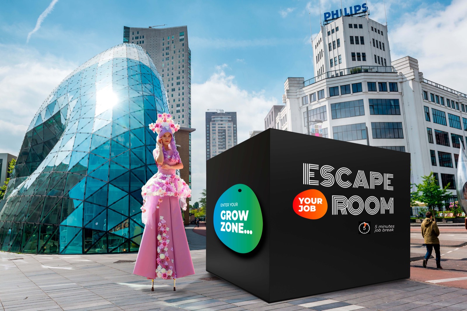 Concept-visual van de Escape (your job) Room van GAC op een Brainport-hotspot, met de oproep enter your grow zone.