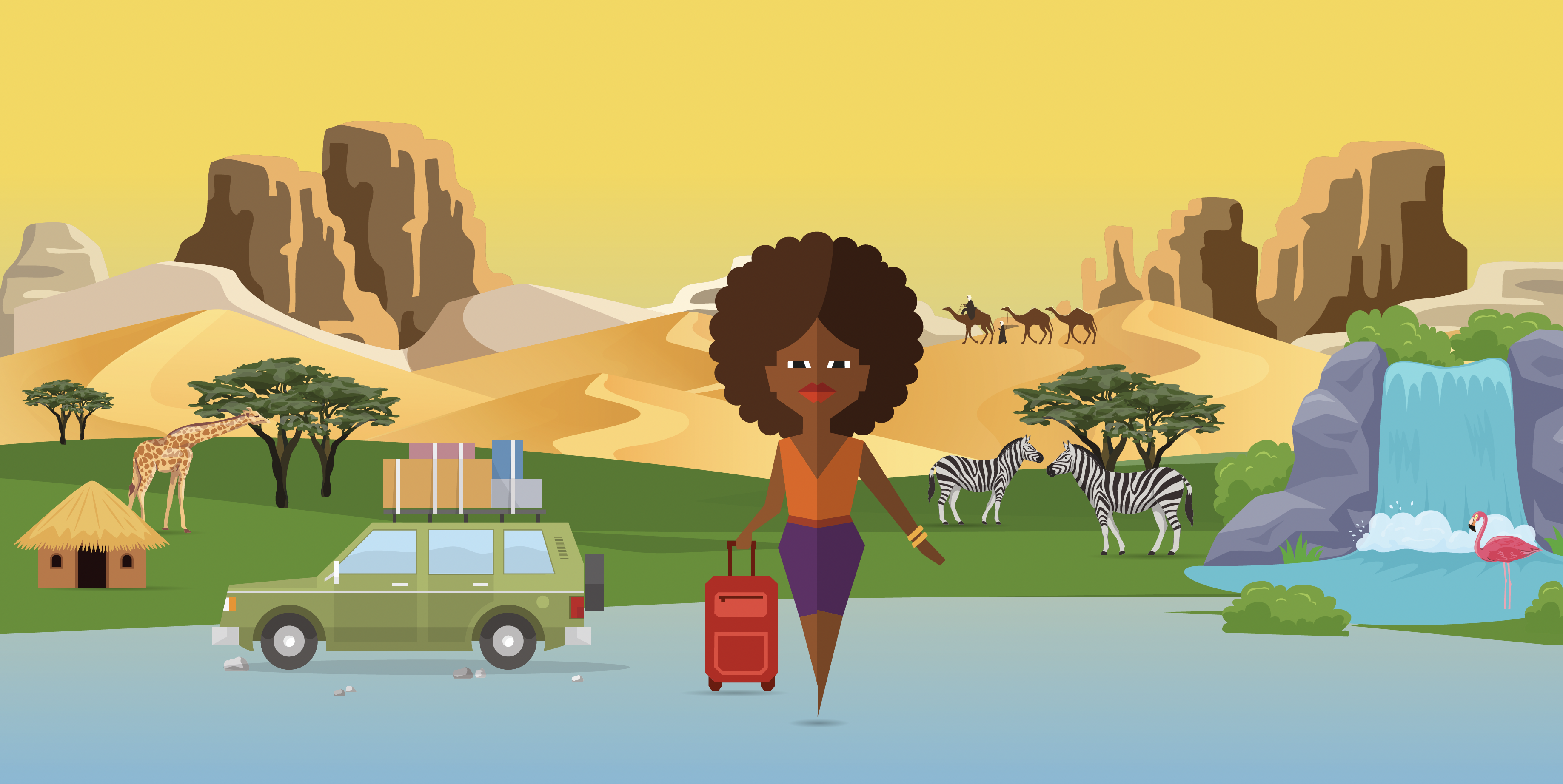 Illustratie van een vrouw met koffer in een Afrikaans landschap
