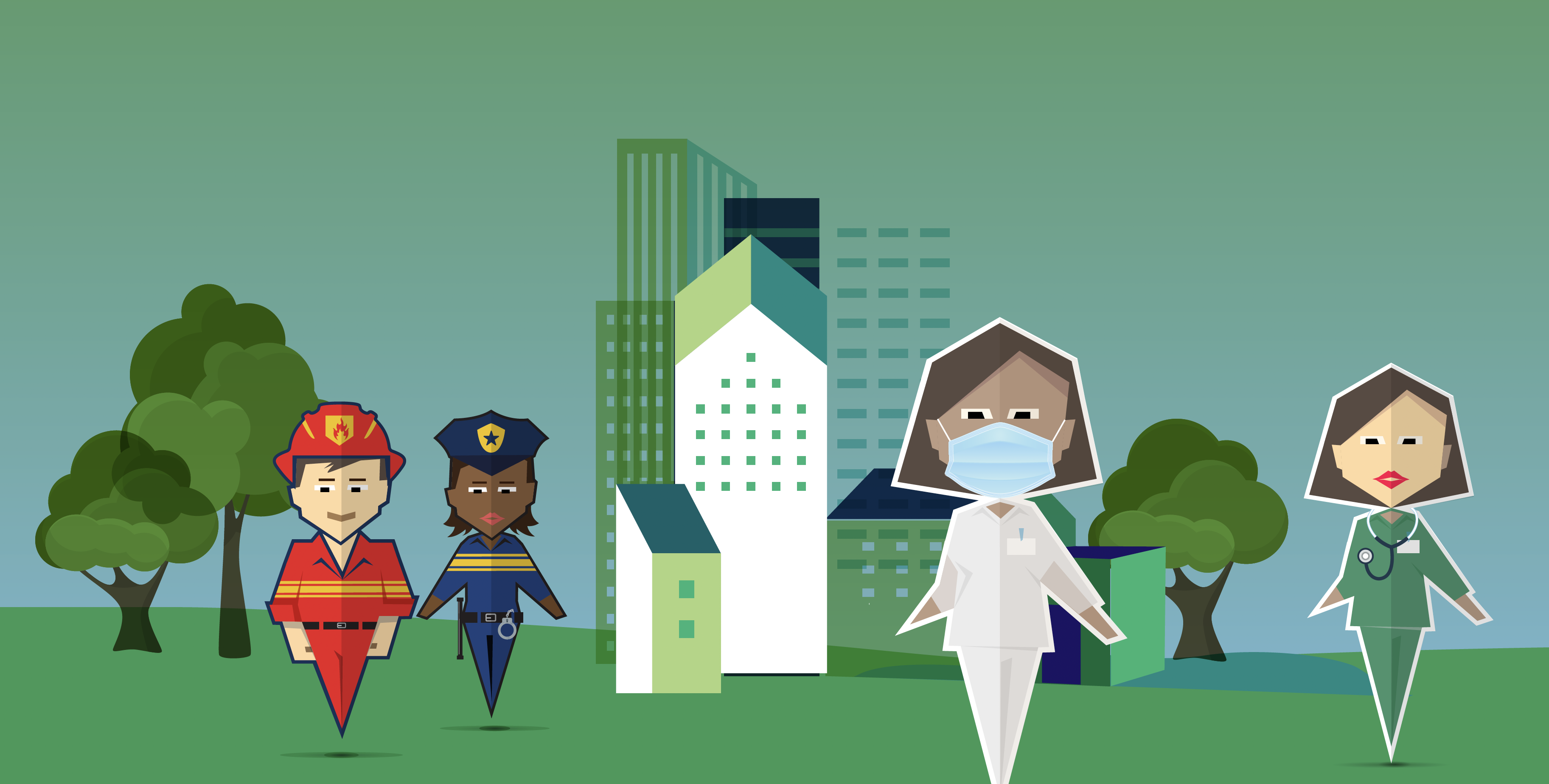 Illustratie van beroepsgroepen: brandweer, politie en zorgmedewerkers
