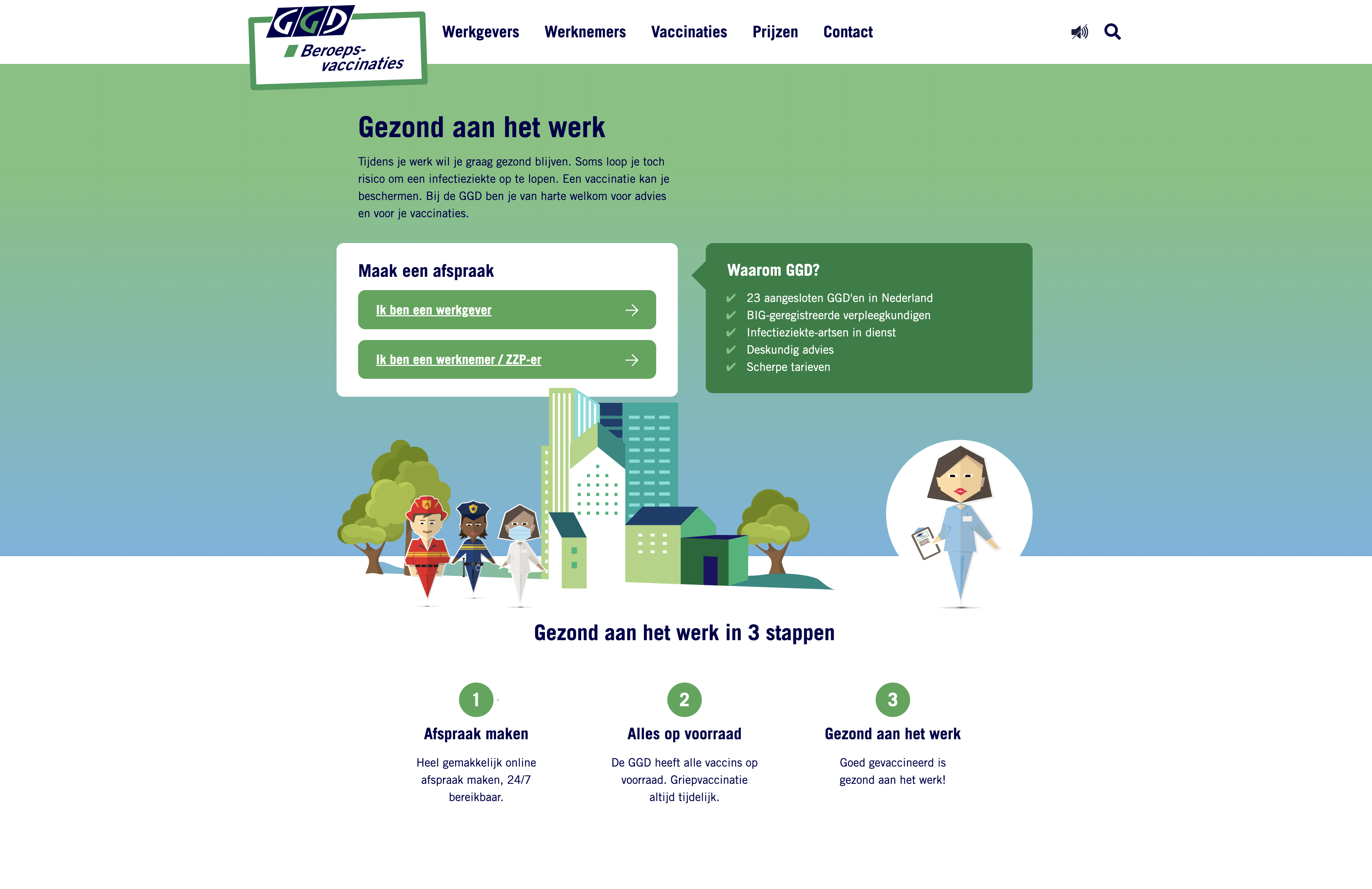 De website GGDBeroepsvaccinaties voor werkgevers en werknemers