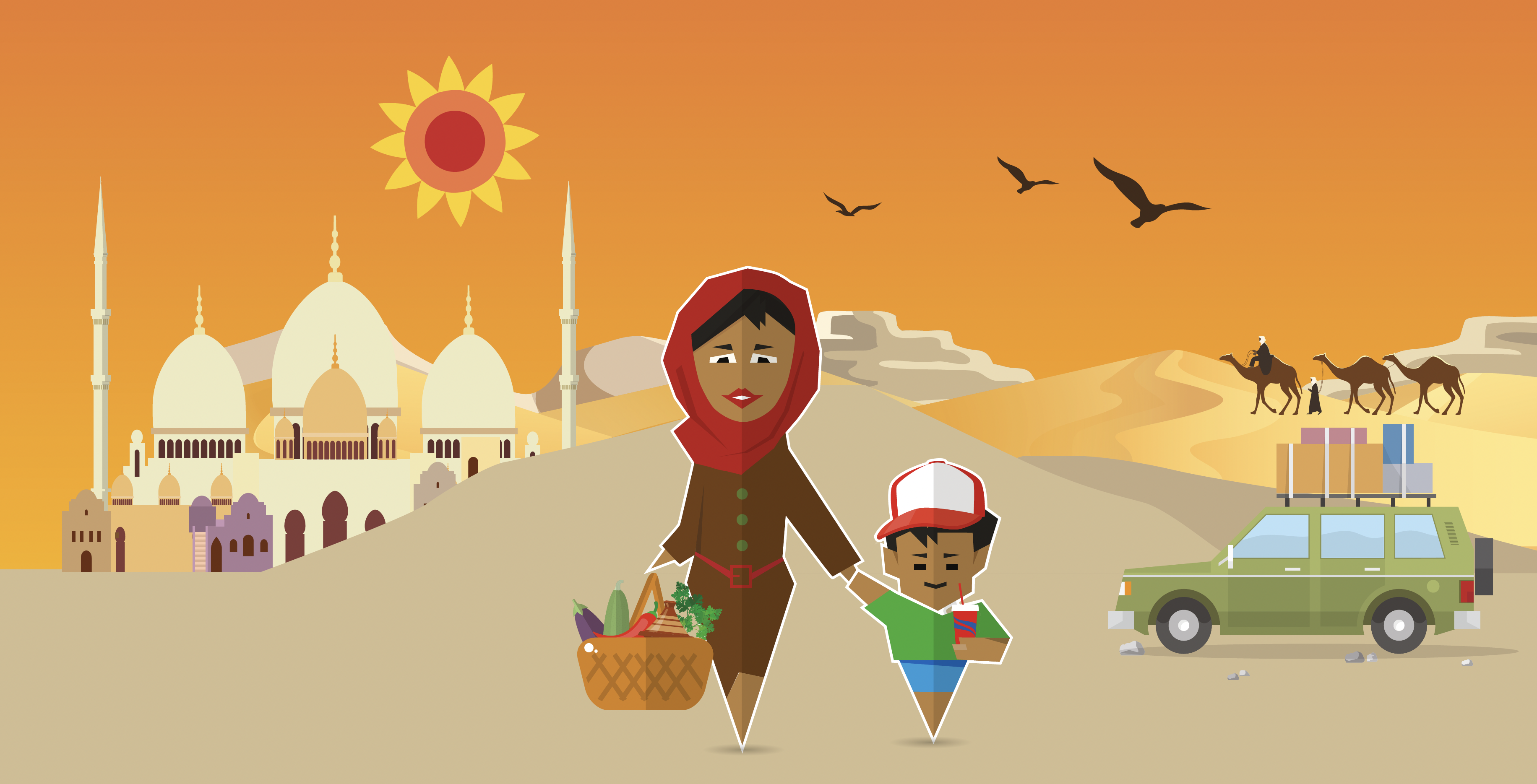 Illustratie van een moeder en kind in een Marokkaans landschap