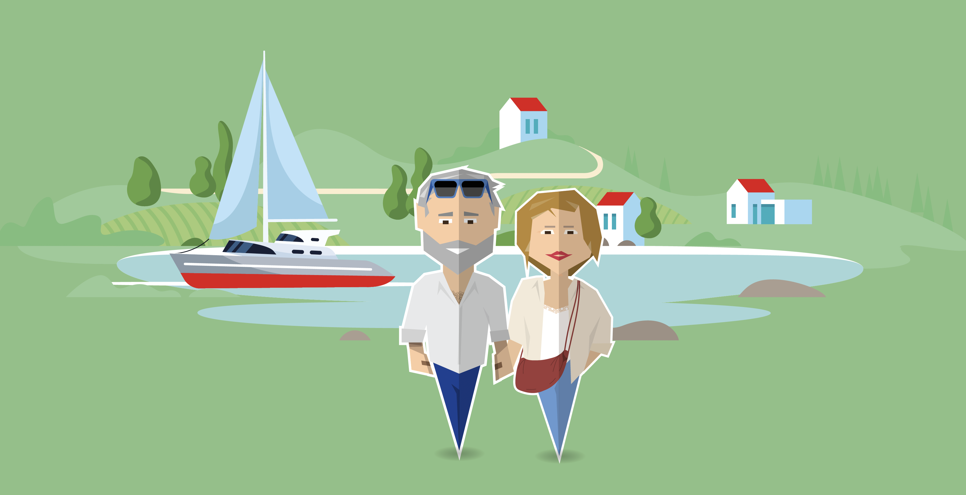 Illustratie van een senioren-echtpaar bij een meer in Toscane