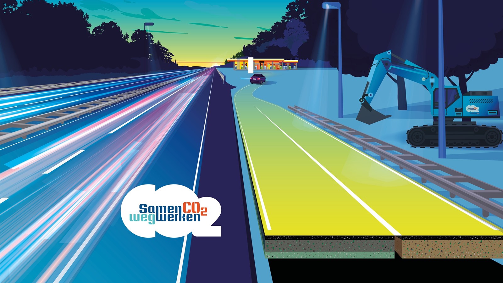 Het campagne key visual SamenCO2Wegwerken: een snelweg bij schemering die overgaat in een heldergele weg met de CO2-wolk en een graafmachine