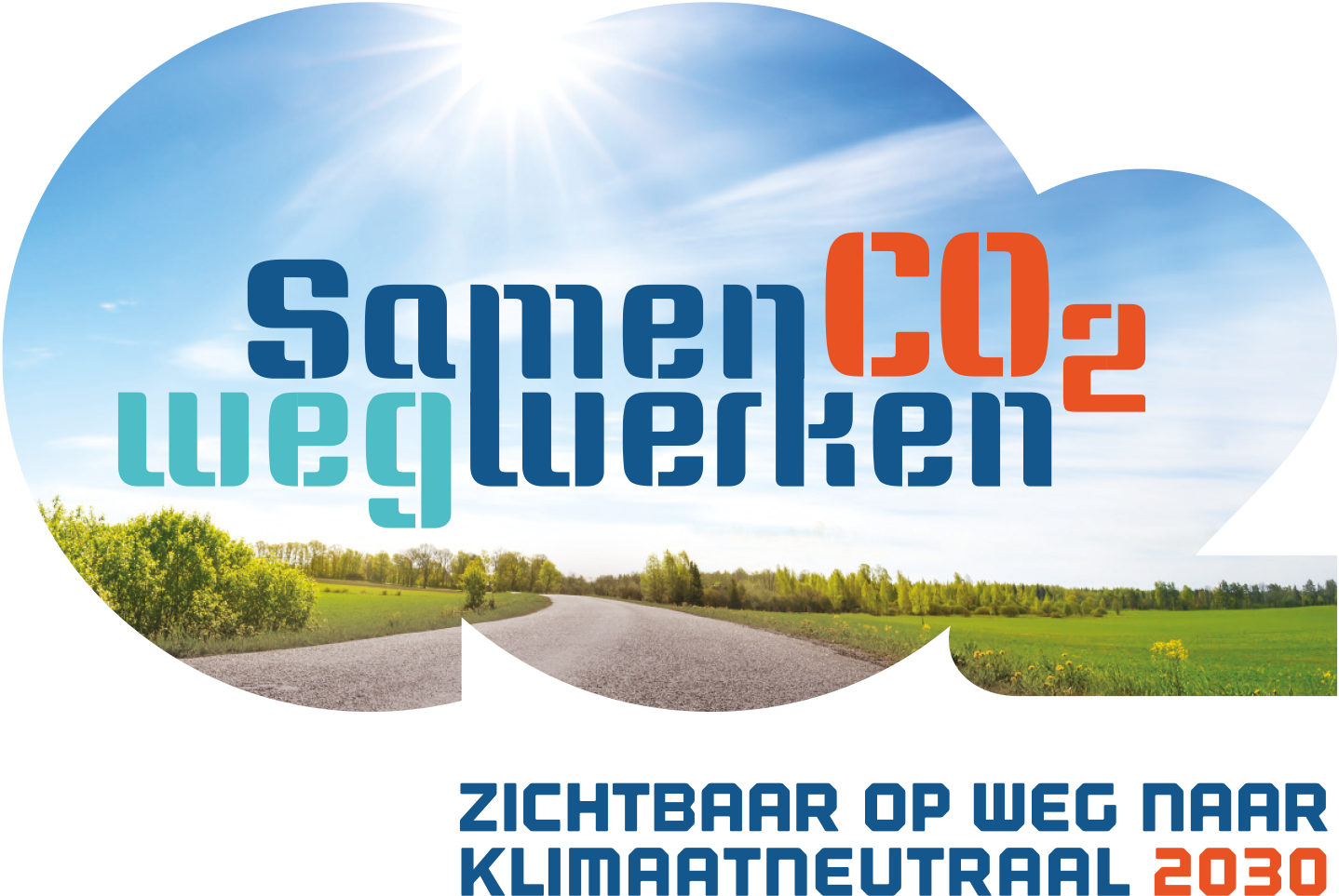 Campagnelogo SamenCO2Wegwerken, met een weg door het landschap in de vorm van een CO2-wolk en de payoff zichtbaar op weg naar klimaatneutraal 2030