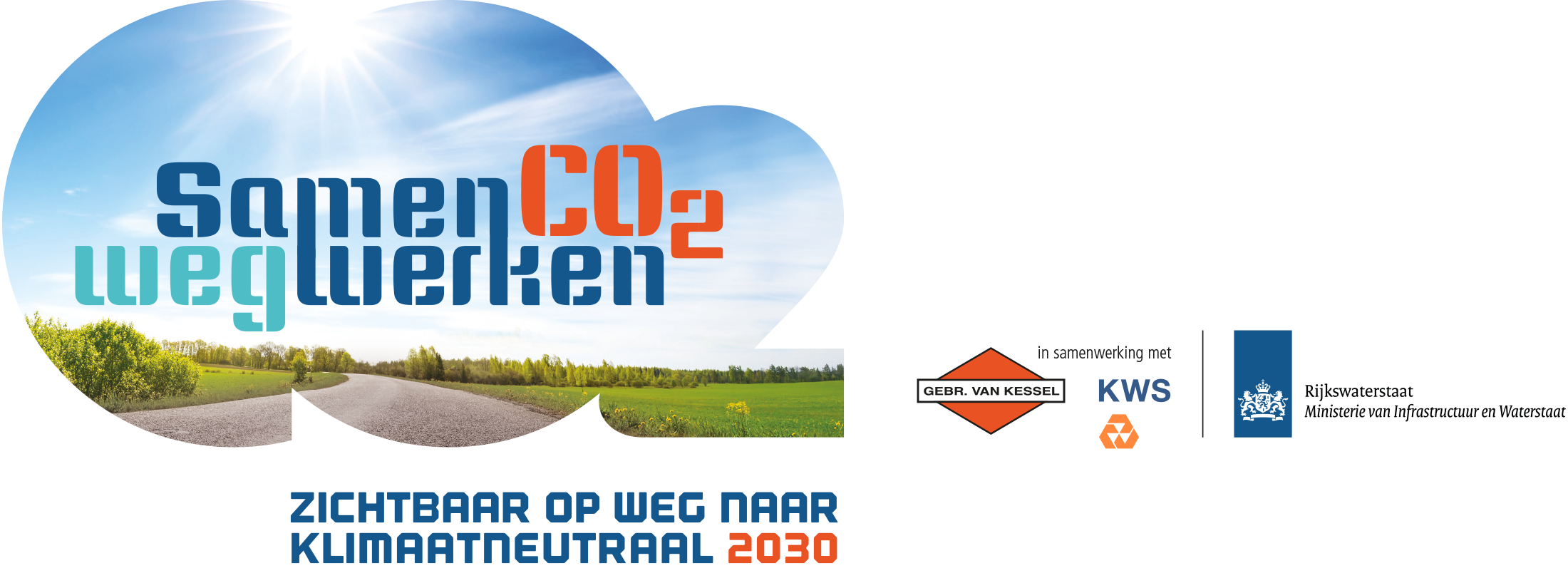 Het campagnelogo SamenCO2Wegwerken met de logo's van Gebr. van Kessel, KWS en Rijkswaterstaat