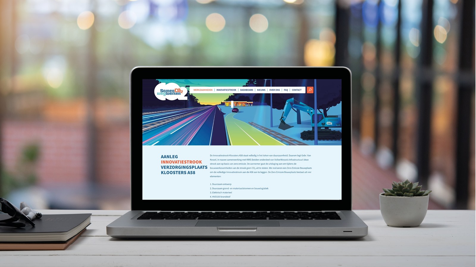 De campagnewebsite van SamenCO2Wegwerken op een laptop, met het key visual als hero