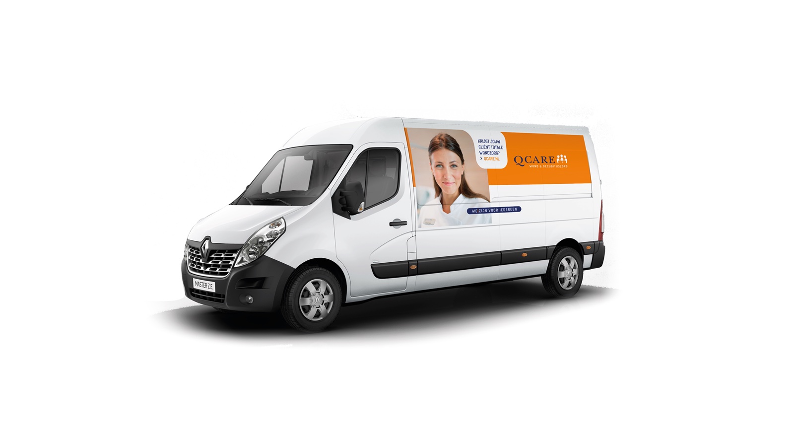 Q Care vehicle with lettering in the new house style and the pay-off we are for everyone