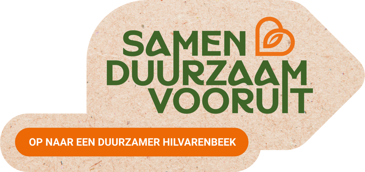Samen Duurzaam Vooruit identity — dark-green speech bubble with a leaf icon in orange and green.