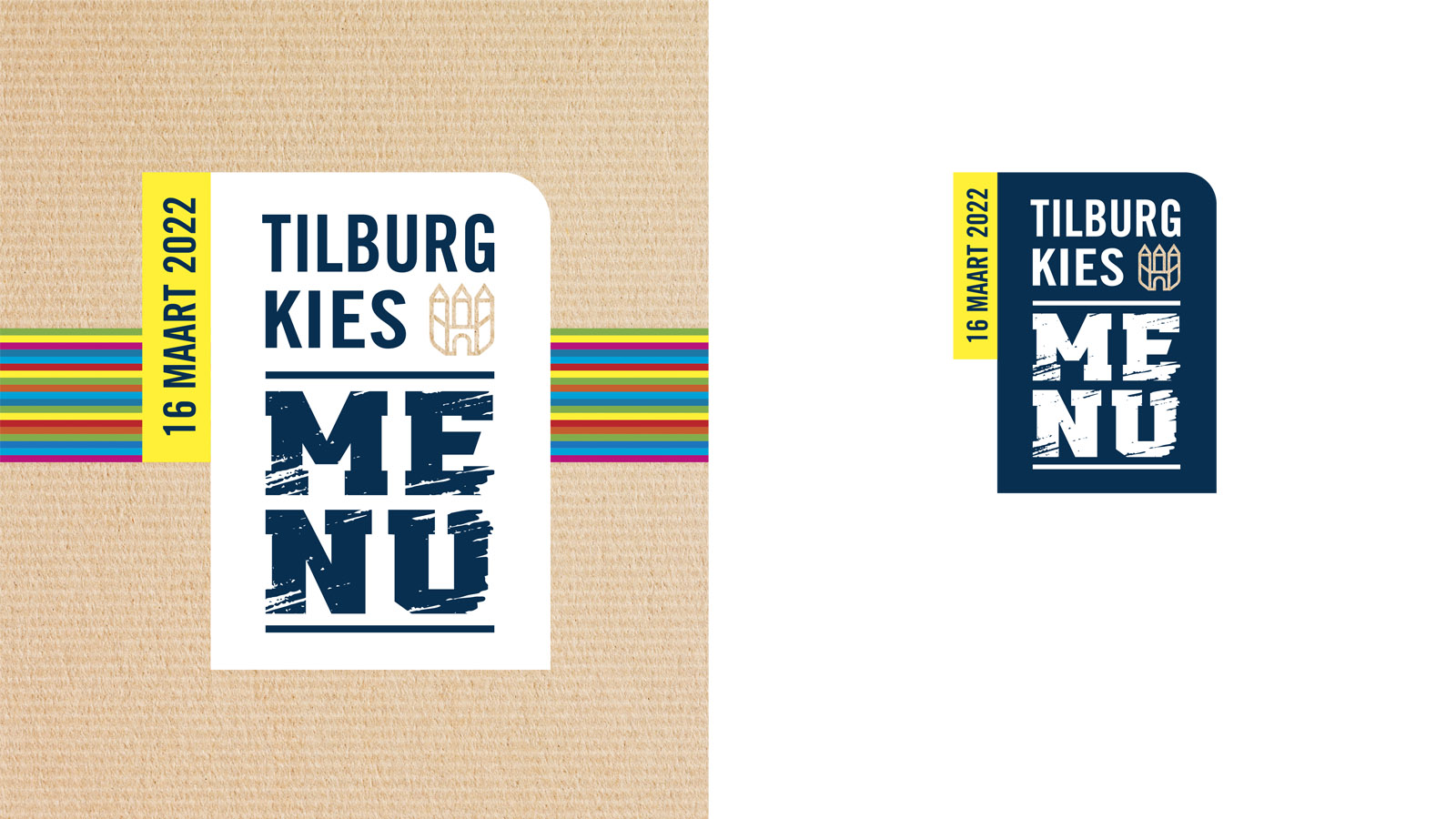 Het campagnelabel Tilburg kies ME NU in twee varianten, op kraftkarton en in donkerblauw.