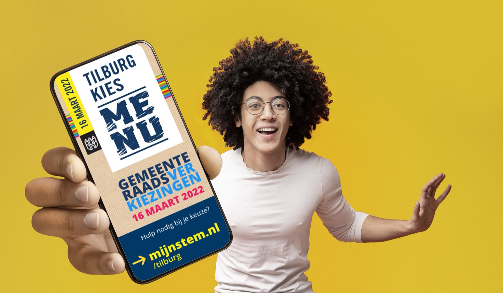 Mobiele advertentie van de campagne Tilburg kies ME NU op een gele achtergrond.