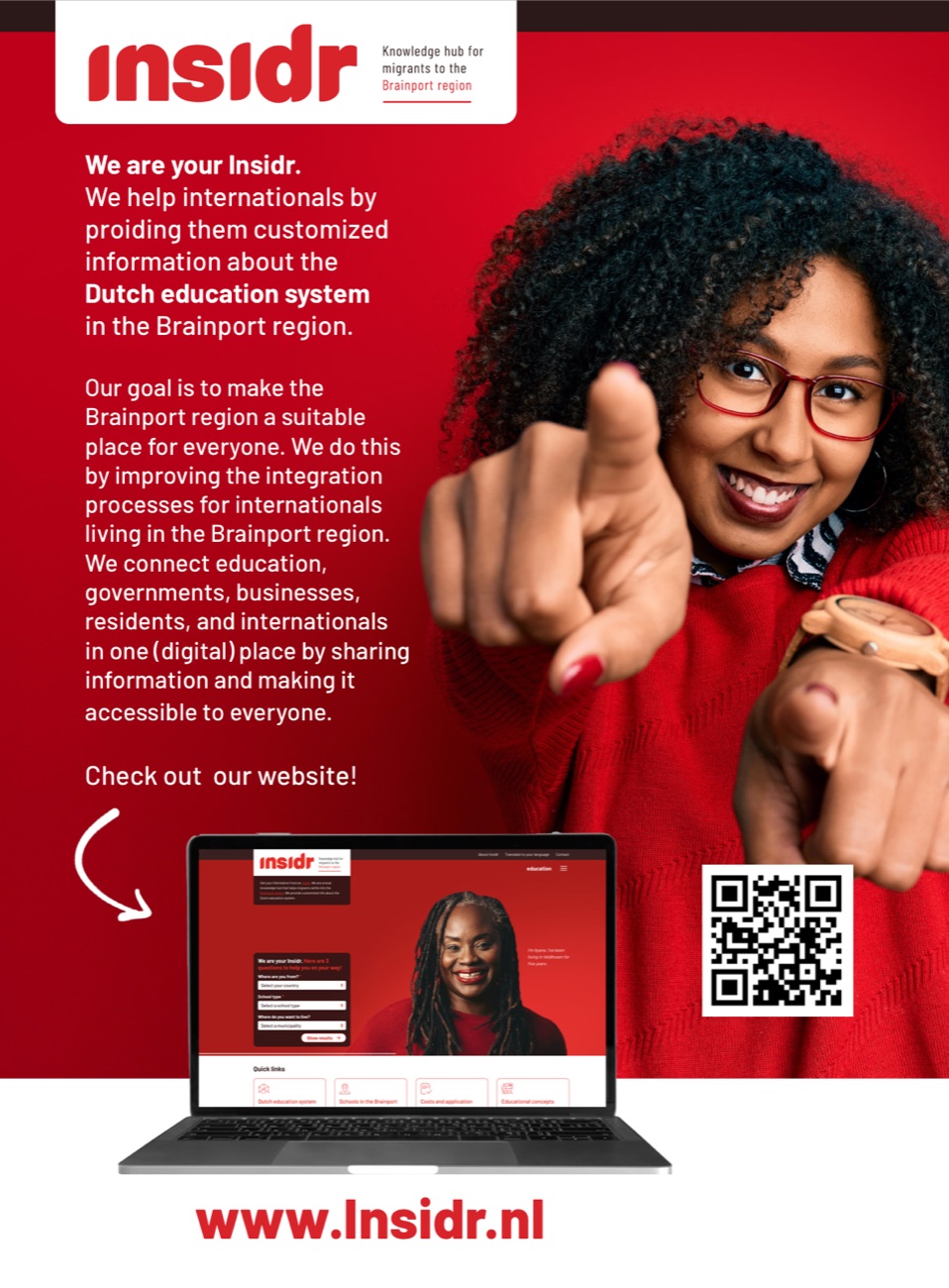 Advertentie voor expats: 'We are your Insidr', met uitleg over het Nederlandse onderwijssysteem en een verwijzing naar de website.