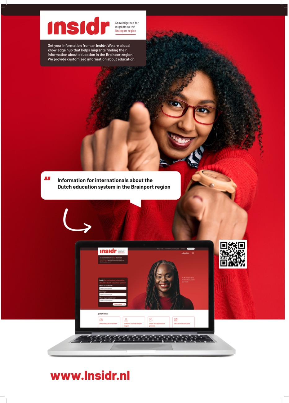A3-poster van Insidr: een international wijst naar de kijker, met een laptop die de website toont en de URL www.insidr.nl.