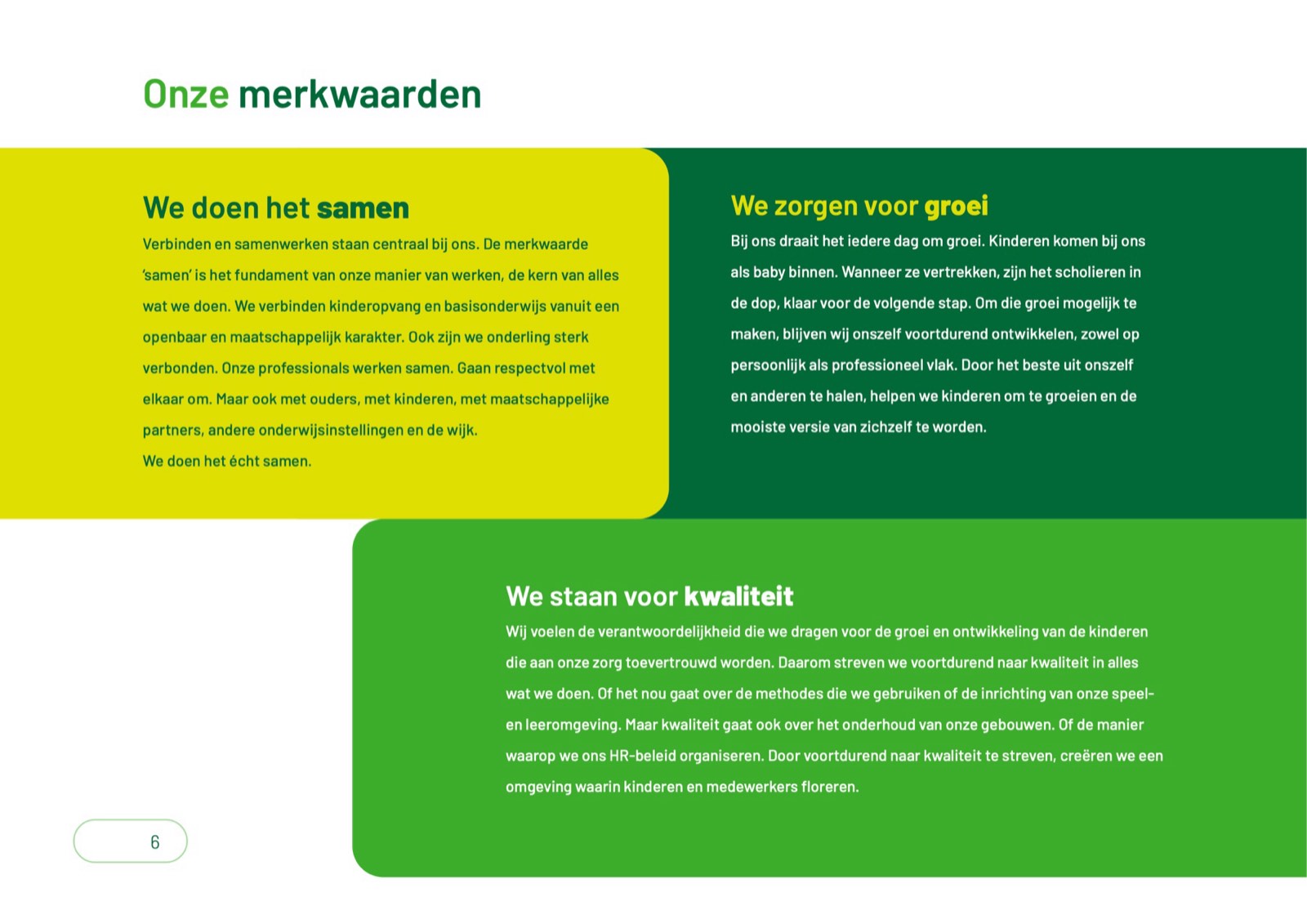 De drie merkwaarden van Kinderstad in de huisstijl: samen, groei en kwaliteit.