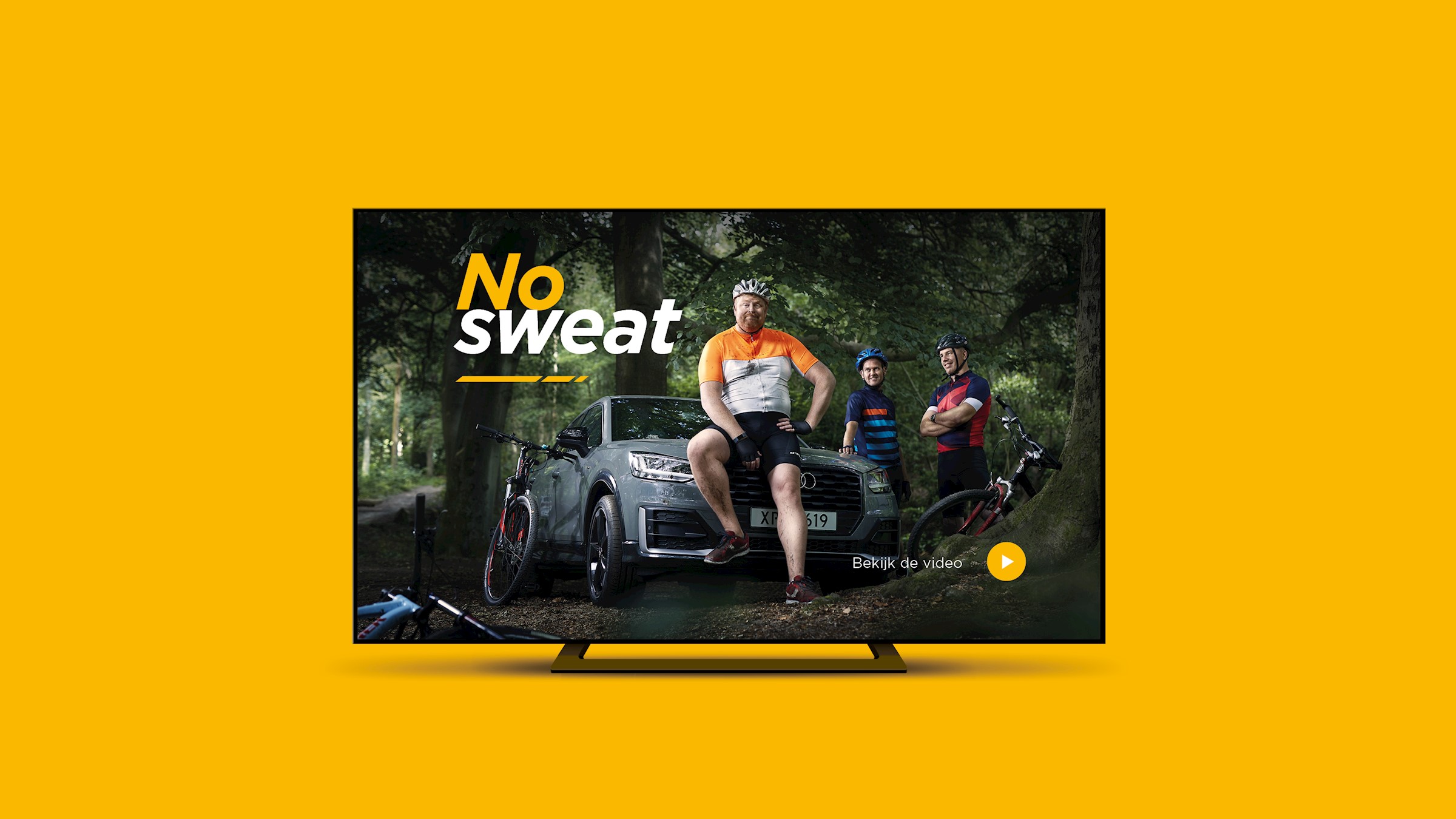 Still uit de XPEL-commercial 'No sweat' met persona Peter en zijn auto in het bos.